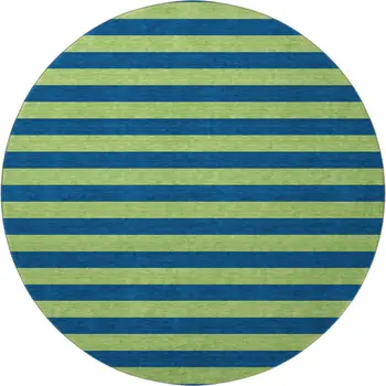 8' Navy Blue And Green Striped Washable Round Rug With UV Protection