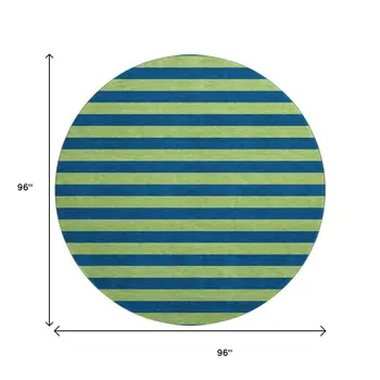 8' Navy Blue And Green Striped Washable Round Rug With UV Protection