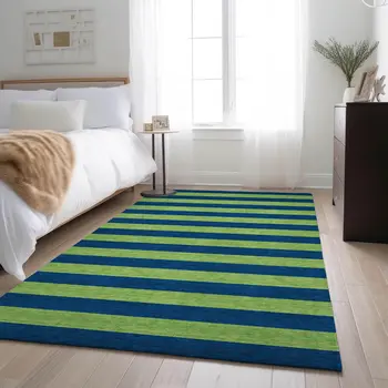 9' X 12' Navy Blue And Green Striped Washable Area Rug With UV Protection