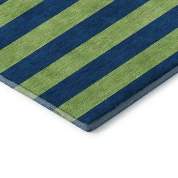 9' X 12' Navy Blue And Green Striped Washable Area Rug With UV Protection