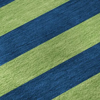 9' X 12' Navy Blue And Green Striped Washable Area Rug With UV Protection