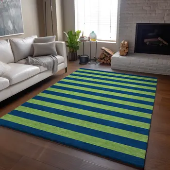 9' X 12' Navy Blue And Green Striped Washable Area Rug With UV Protection