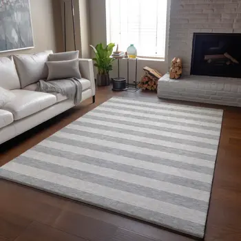 5' X 8' Pewter And Gray Striped Washable Area Rug With UV Protection