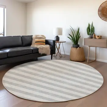 8' Pewter And Gray Striped Washable Round Rug With UV Protection