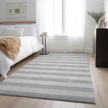 10' X 14' Pewter And Gray Striped Washable Area Rug With UV Protection