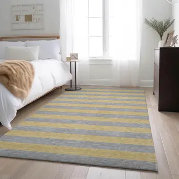 5' X 8' Silver And Gold Striped Washable Area Rug With UV Protection