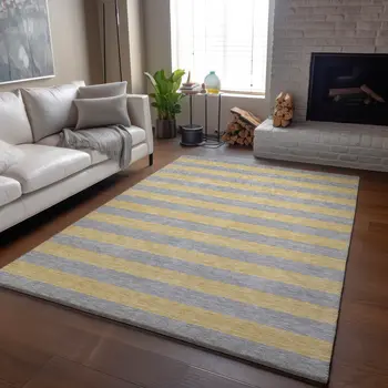 5' X 8' Silver And Gold Striped Washable Area Rug With UV Protection