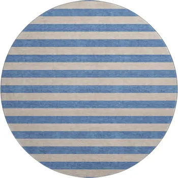 8' Tan And Blue Striped Washable Round Rug With UV Protection