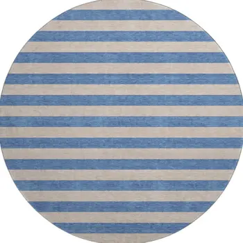 8' Tan And Blue Striped Washable Round Rug With UV Protection