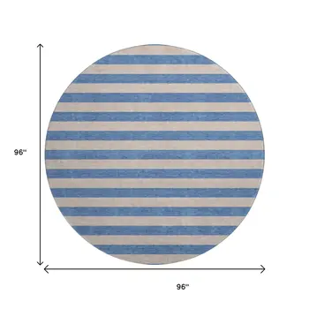 8' Tan And Blue Striped Washable Round Rug With UV Protection
