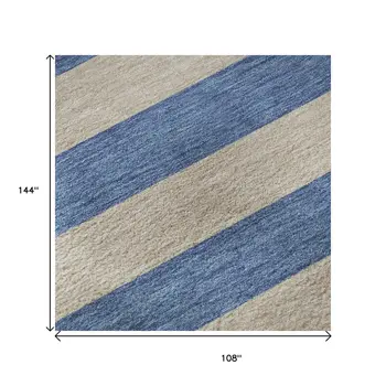 9' X 12' Tan And Blue Striped Washable Area Rug With UV Protection