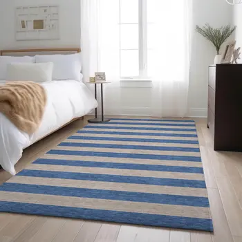 10' X 14' Tan And Blue Striped Washable Area Rug With UV Protection