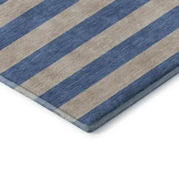10' X 14' Tan And Blue Striped Washable Area Rug With UV Protection
