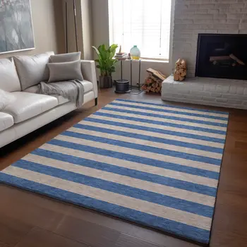 10' X 14' Tan And Blue Striped Washable Area Rug With UV Protection