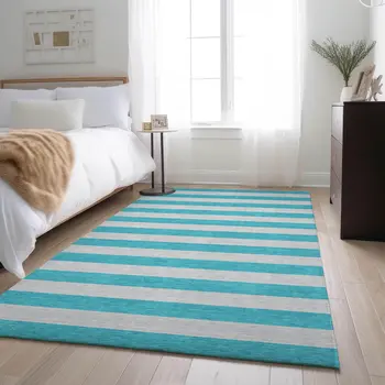 3' X 5' Turquoise And Ivory Striped Washable Area Rug With UV Protection