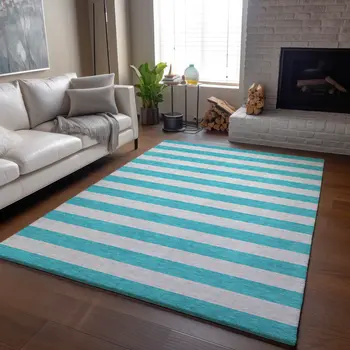 3' X 5' Turquoise And Ivory Striped Washable Area Rug With UV Protection