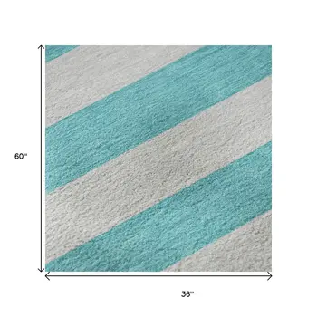 3' X 5' Turquoise And Ivory Striped Washable Area Rug With UV Protection
