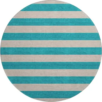 8' Turquoise And Ivory Striped Washable Round Rug With UV Protection