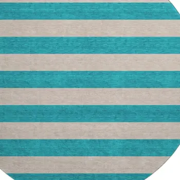 8' Turquoise And Ivory Striped Washable Round Rug With UV Protection