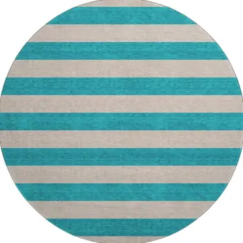 8' Turquoise And Ivory Striped Washable Round Rug With UV Protection