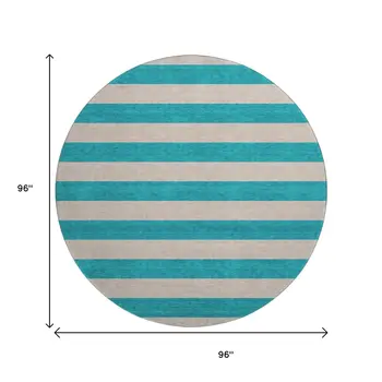 8' Turquoise And Ivory Striped Washable Round Rug With UV Protection