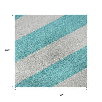 10' X 14' Turquoise And Ivory Striped Washable Area Rug With UV Protection
