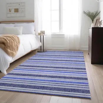 3' X 5' Blue And Ivory Striped Washable Area Rug With UV Protection