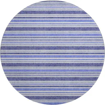 8' Blue And Ivory Striped Washable Round Rug With UV Protection
