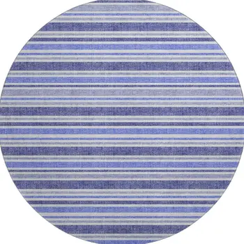 8' Blue And Ivory Striped Washable Round Rug With UV Protection