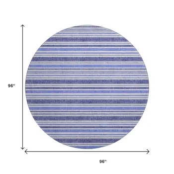 8' Blue And Ivory Striped Washable Round Rug With UV Protection