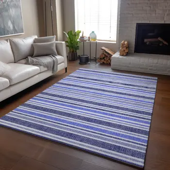 9' X 12' Blue And Ivory Striped Washable Area Rug With UV Protection