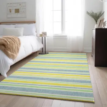 3' X 5' Denim Blue And Yellow Striped Washable Area Rug With UV Protection