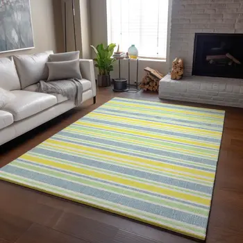 3' X 5' Denim Blue And Yellow Striped Washable Area Rug With UV Protection