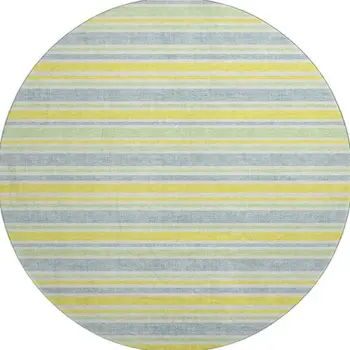 8' Denim Blue And Yellow Striped Washable Round Rug With UV Protection