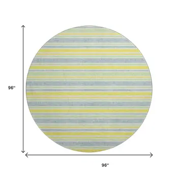 8' Denim Blue And Yellow Striped Washable Round Rug With UV Protection