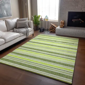 5' X 8' Fern Green And Ivory Striped Washable Area Rug With UV Protection