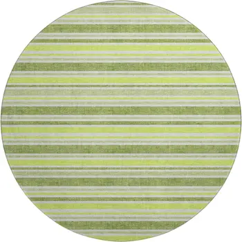 8' Fern Green And Ivory Striped Washable Round Rug With UV Protection