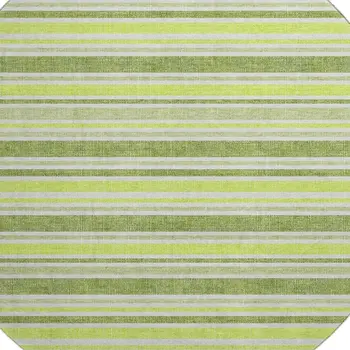 8' Fern Green And Ivory Striped Washable Round Rug With UV Protection