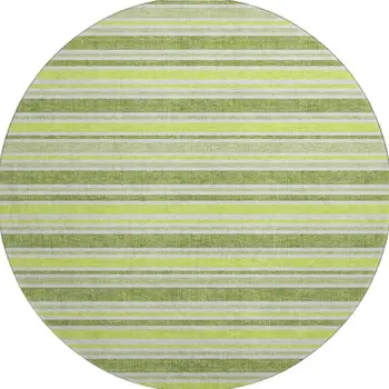 8' Fern Green And Ivory Striped Washable Round Rug With UV Protection