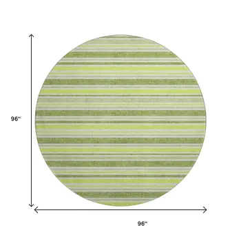 8' Fern Green And Ivory Striped Washable Round Rug With UV Protection