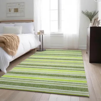 8' X 10' Fern Green And Ivory Striped Washable Area Rug With UV Protection