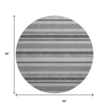 8' Gray And Ivory Striped Washable Round Rug With UV Protection