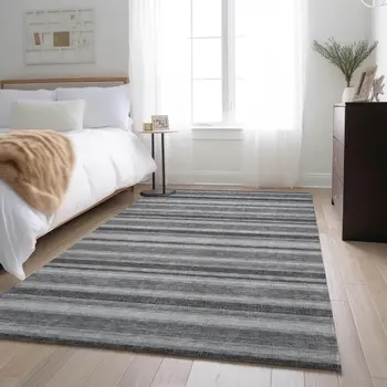 8' X 10' Gray And Ivory Striped Washable Area Rug With UV Protection