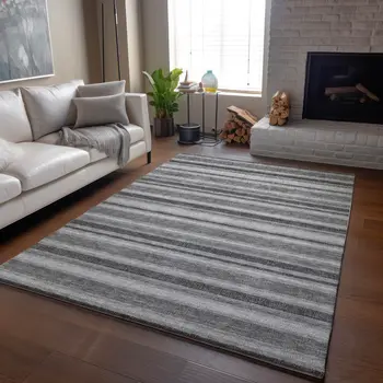 8' X 10' Gray And Ivory Striped Washable Area Rug With UV Protection