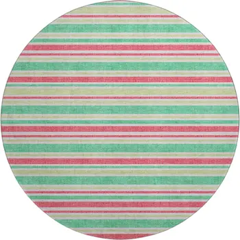 8' Green And Blush Striped Washable Round Rug With UV Protection