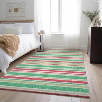 8' X 10' Green And Blush Striped Washable Area Rug With UV Protection