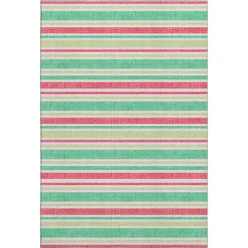 8' X 10' Green And Blush Striped Washable Area Rug With UV Protection