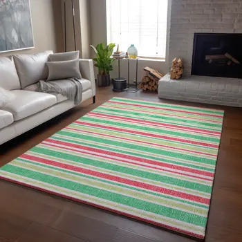 8' X 10' Green And Blush Striped Washable Area Rug With UV Protection