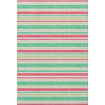 8' X 10' Green And Blush Striped Washable Area Rug With UV Protection