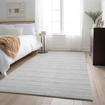 8' X 10' Ivory And Gray Striped Washable Area Rug With UV Protection